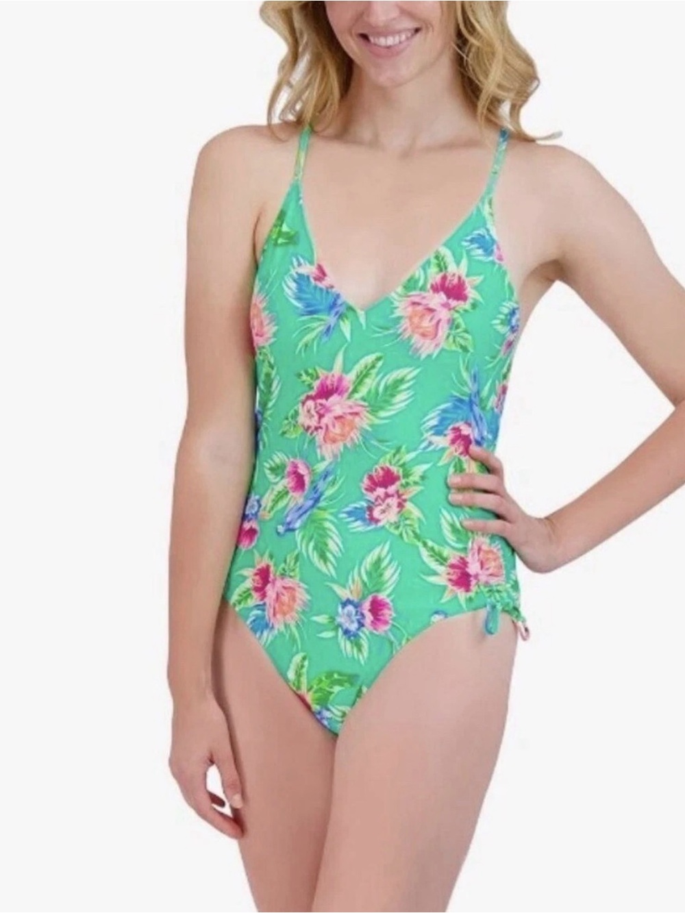 NWT BCBG Tropical One-Piece Swimsuit L MSRP $98 Beach Pool Vacation Floral Birds